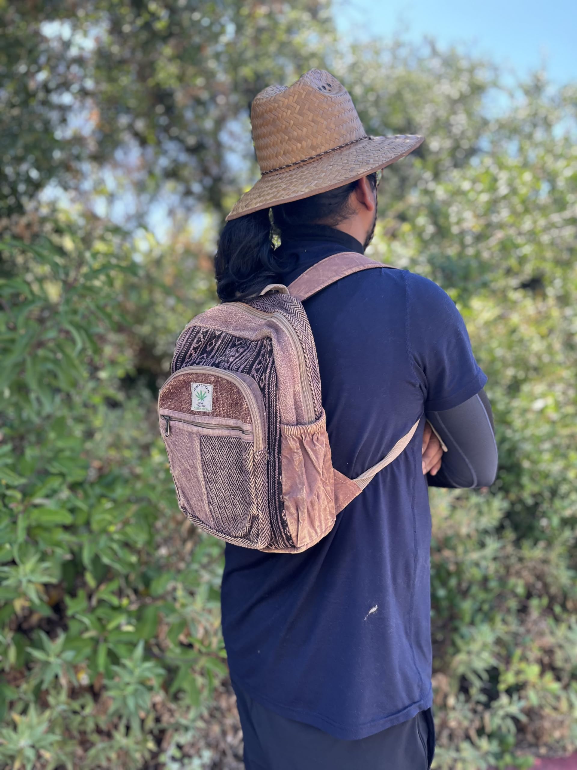 Small brown stone washed hemp backpack, hippie backpack