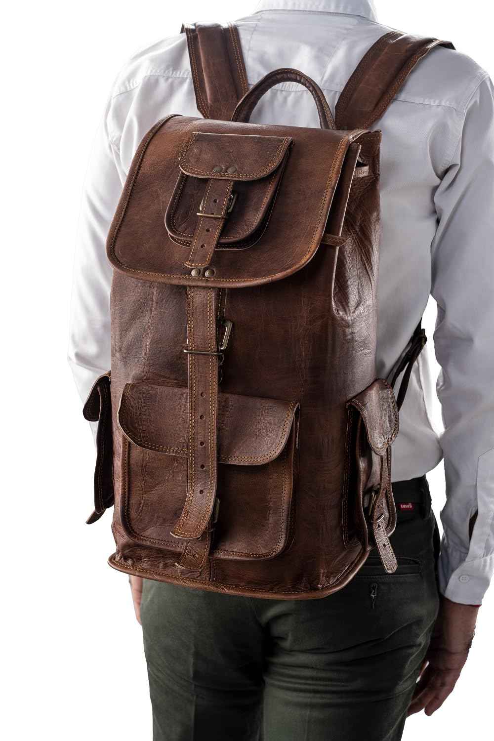 PLW 24" Inch Leather Backpack for Men | Handmade Vintage Brown Leather Laptop Backpack | Adjustable Leather Rucksack Knapsack Camping Travel Bag for Women