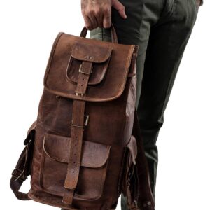 PLW 24" Inch Leather Backpack for Men | Handmade Vintage Brown Leather Laptop Backpack | Adjustable Leather Rucksack Knapsack Camping Travel Bag for Women