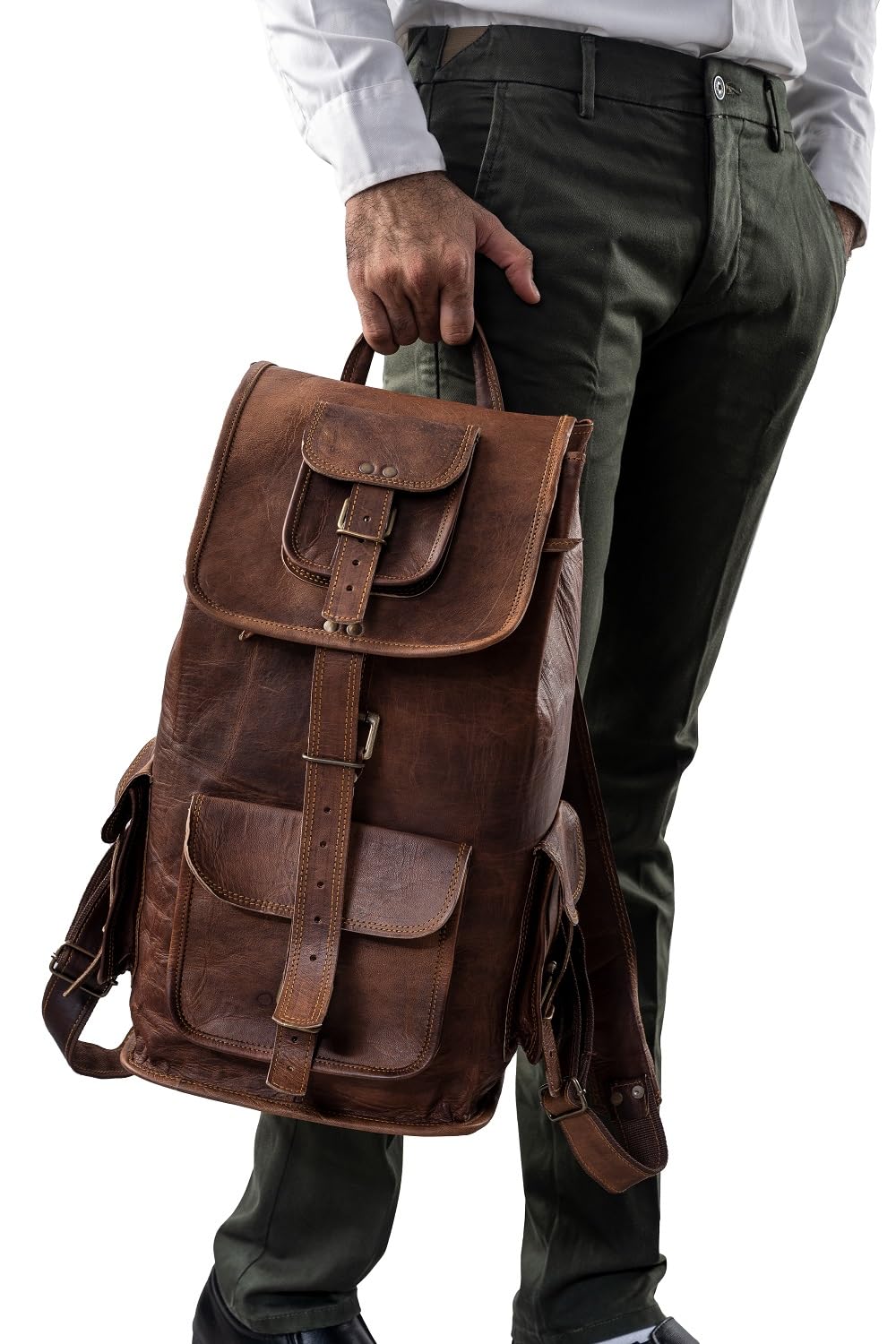 PLW 24" Inch Leather Backpack for Men | Handmade Vintage Brown Leather Laptop Backpack | Adjustable Leather Rucksack Knapsack Camping Travel Bag for Women