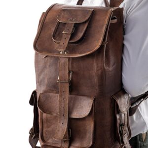 PLW 24" Inch Leather Backpack for Men | Handmade Vintage Brown Leather Laptop Backpack | Adjustable Leather Rucksack Knapsack Camping Travel Bag for Women