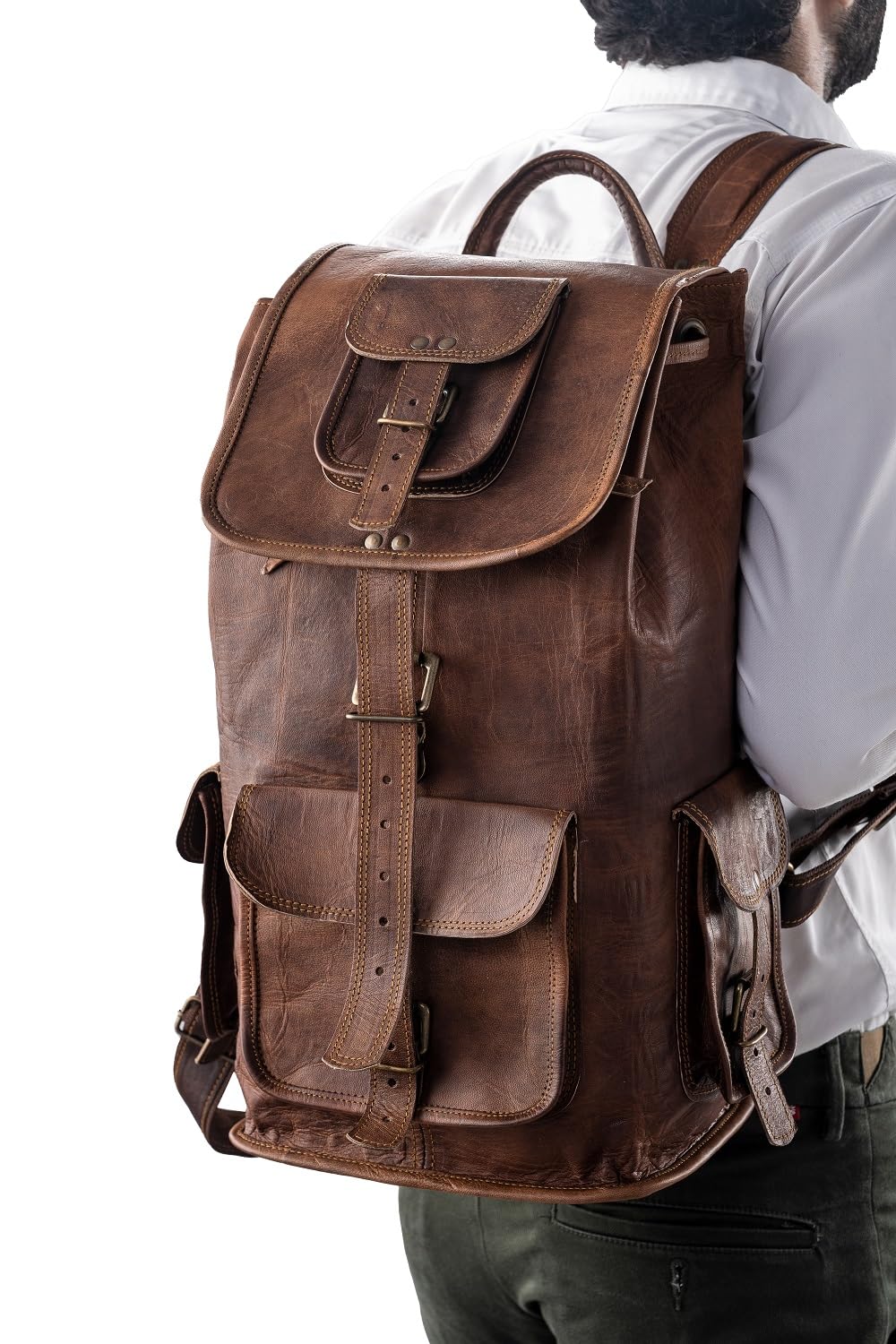 PLW 24" Inch Leather Backpack for Men | Handmade Vintage Brown Leather Laptop Backpack | Adjustable Leather Rucksack Knapsack Camping Travel Bag for Women