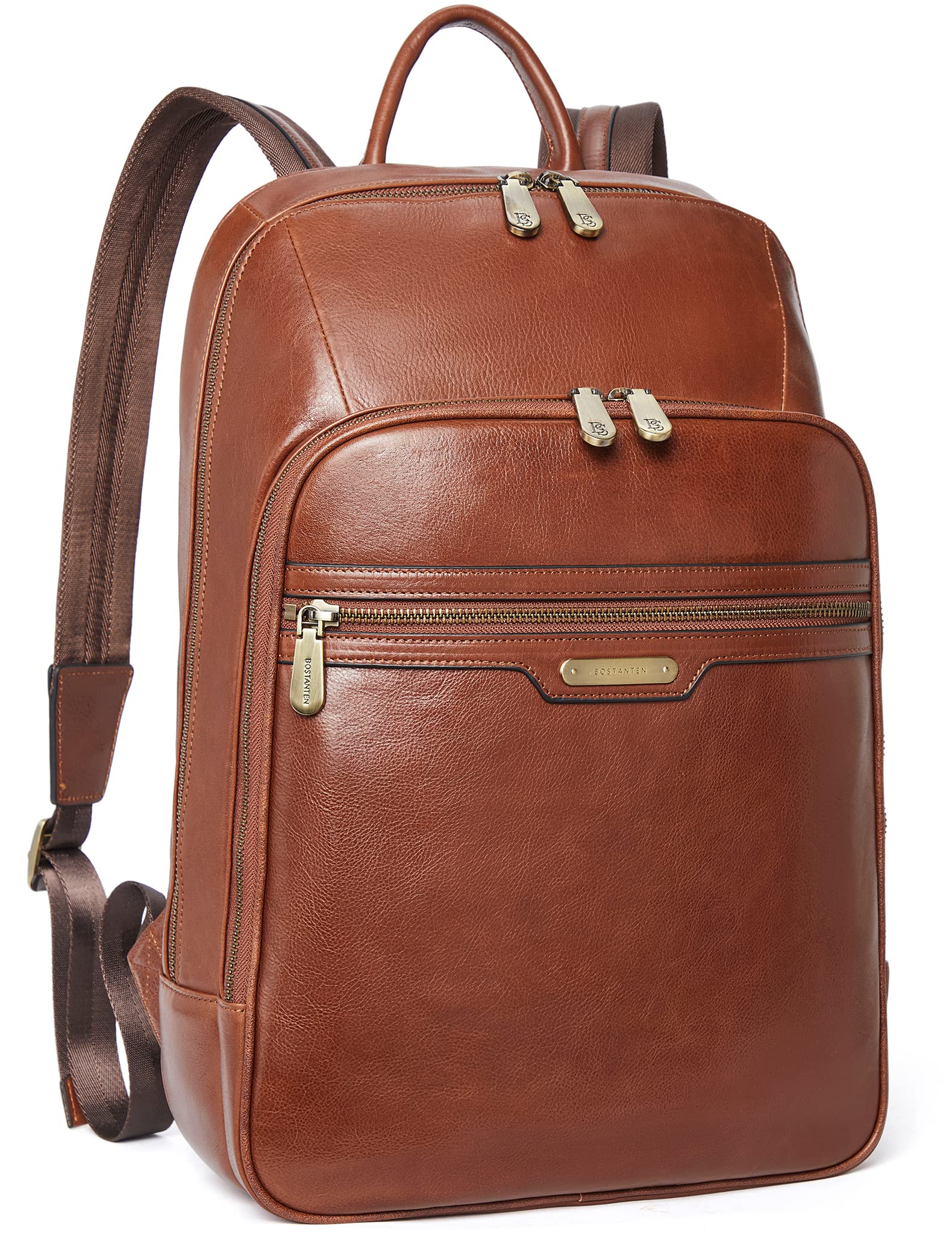 BOSTANTEN Men Leather Backpack, Vegetable Tanned Full Grain Leather 15.6 Inch Computer Backpack Business Work Daypack Vintage Travel Bags Redbrown