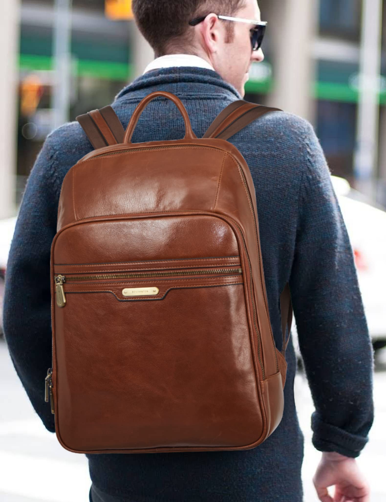 BOSTANTEN Men Leather Backpack, Vegetable Tanned Full Grain Leather 15.6 Inch Computer Backpack Business Work Daypack Vintage Travel Bags Redbrown