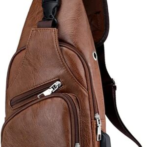 Men's Leather Sling Bag Multipurpose Daypack Shoulder Chest Crossbody Bag Black with USB Charging Port (Brown)