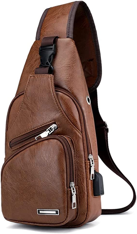 Men's Leather Sling Bag Multipurpose Daypack Shoulder Chest Crossbody Bag Black with USB Charging Port (Brown)
