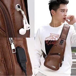 Men's Leather Sling Bag Multipurpose Daypack Shoulder Chest Crossbody Bag Black with USB Charging Port (Brown)