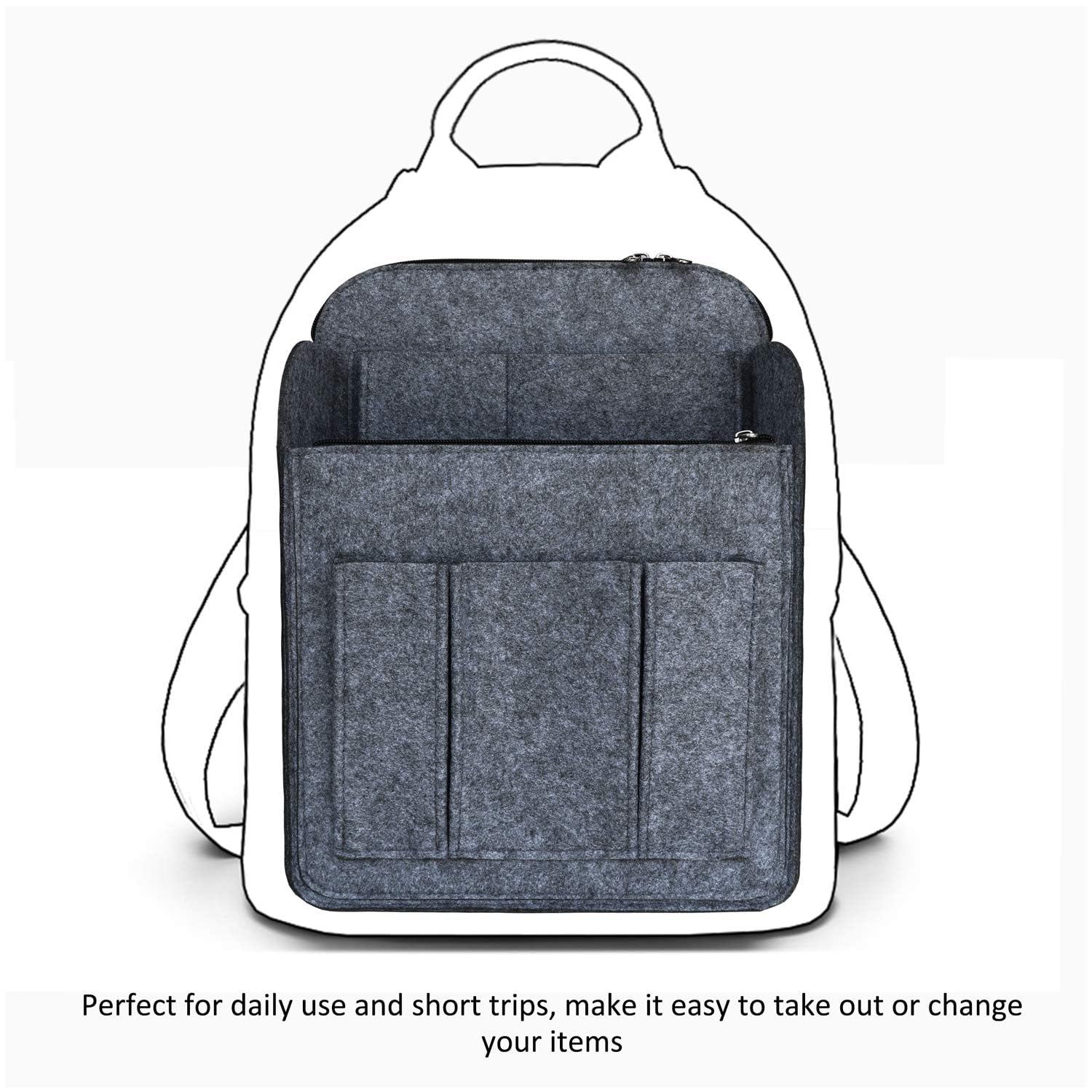 APSOONSELL Large Backpack Organizer Insert Felt Bag Organizer with Zipper Backpack Shaper Foldable Tote Organizer for Rucksack Shoulder Bag, Gray, XS