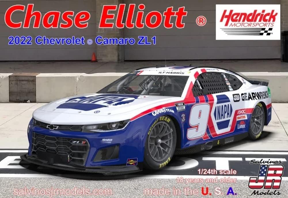 Salvinos J R Model 1/24 NASCAR 2022 Camaro ZL1 Hendrik Motorsport Chase Elliott Patriot Color Plastic Model SJMHMC2022CEC Molded Color