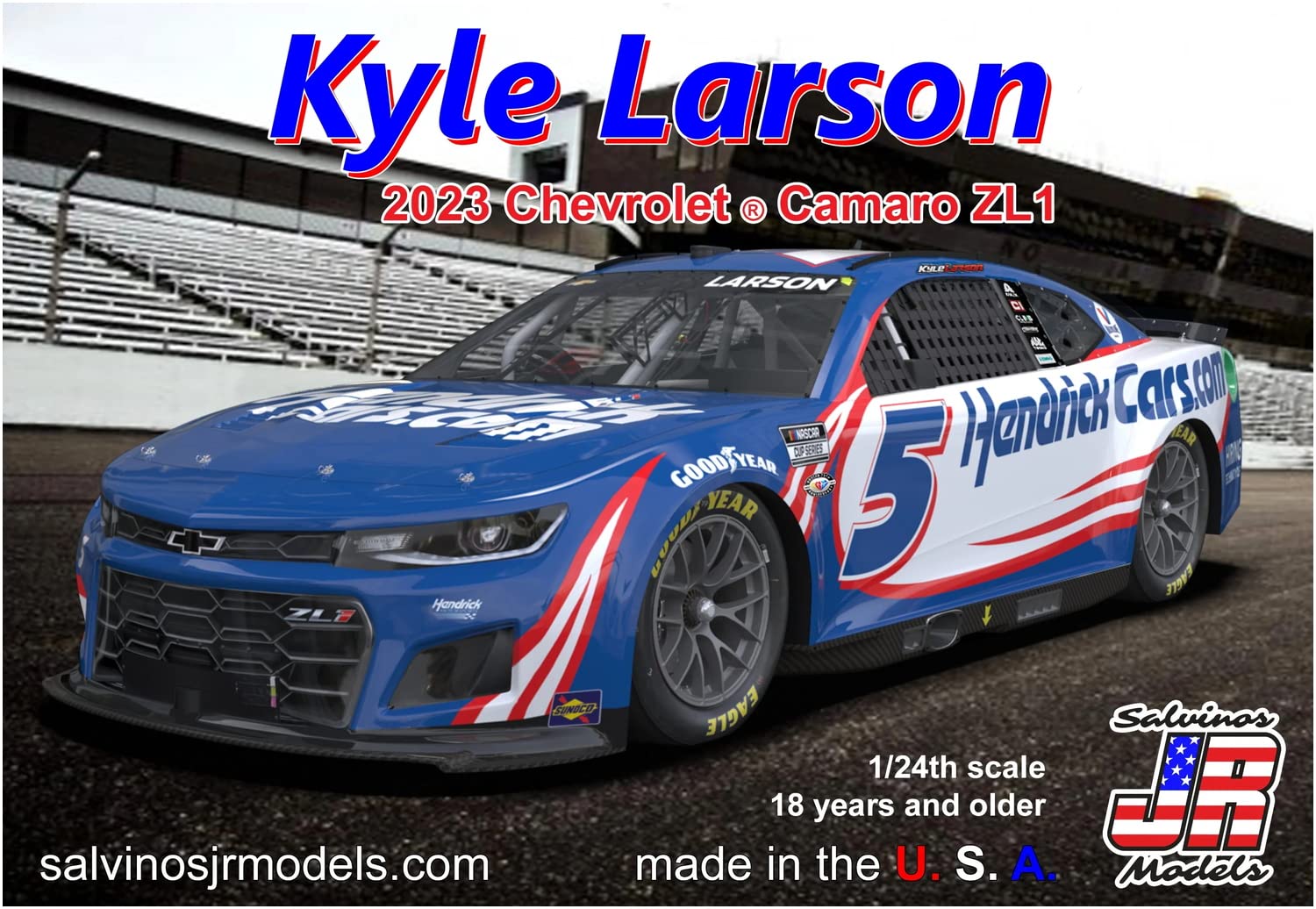 Salvinos J R Model 1/24 NASCAR 2023 Camaro ZL1 Hendrix Motor Sport Kyle Larson HendrickCars.com Color Plastic Model SJMHMC2023KLP