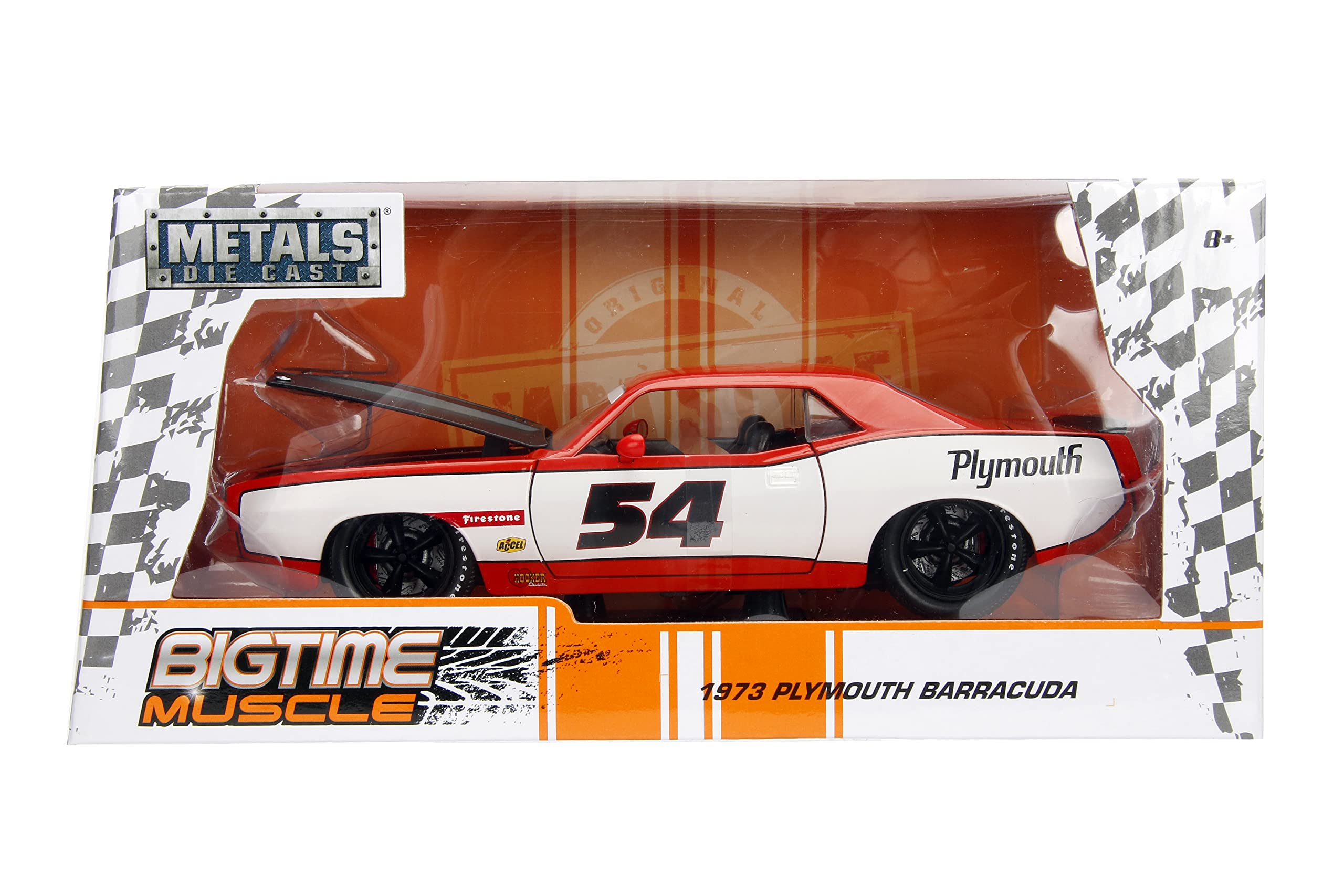 Big Time Muscle 1:24 1973 Plymouth Barracuda Die-Cast Car, Toys for Kids and Adults(Orange)