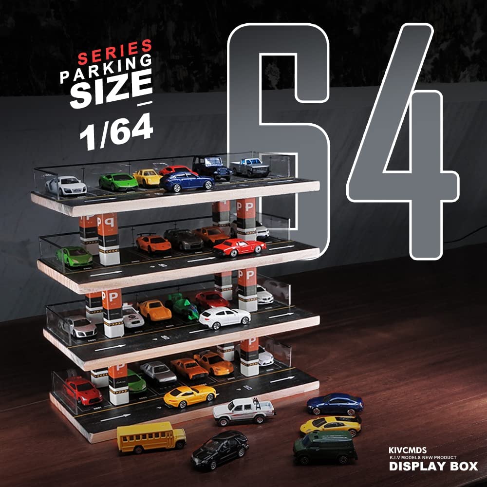 kivcmds 1/64 Scale 4-Tiers Diecast Model Car Display Case for Lego Vehicles Hot Wheels Nascar Diorama Scene Parking Lot