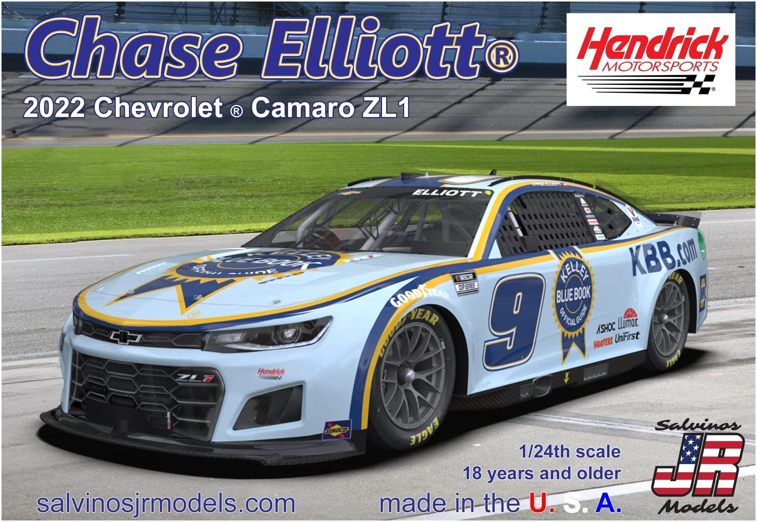 Salvinos J R Model 1/24 NASCAR 2022 Camaro ZL1 · 9 Hendrix Motor Sport Chase Elliott Kelly Blue Book Plastic Model SJMHMC2022CEK