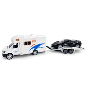 toy camper rv trailer towing supercar sports model car diecast motorhome toys for boys pull back toy cars, beach sandbox outdoor adventure play set, 3 4 5 6 years old kids toddlers gifts, white