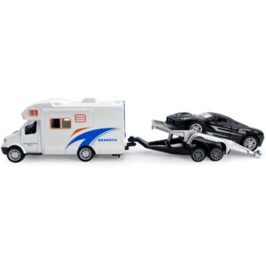 Toy Camper RV Trailer Towing Supercar Sports Model Car Diecast Motorhome Toys for Boys Pull Back Toy Cars, Beach Sandbox Outdoor Adventure Play Set, 3 4 5 6 Years Old Kids Toddlers Gifts, White