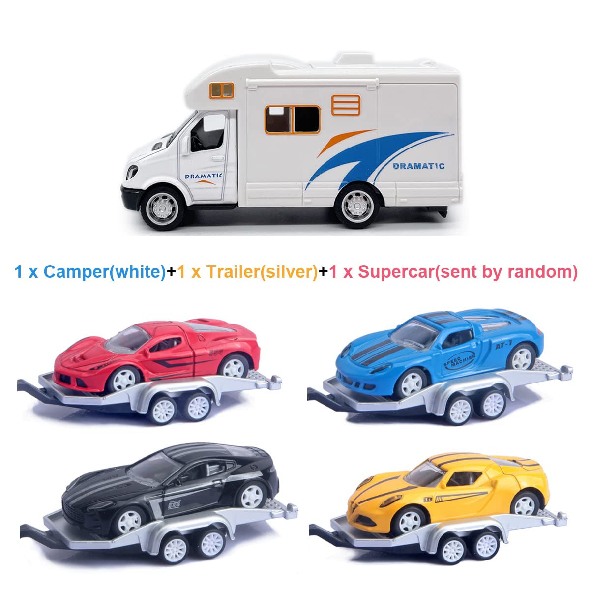 Toy Camper RV Trailer Towing Supercar Sports Model Car Diecast Motorhome Toys for Boys Pull Back Toy Cars, Beach Sandbox Outdoor Adventure Play Set, 3 4 5 6 Years Old Kids Toddlers Gifts, White