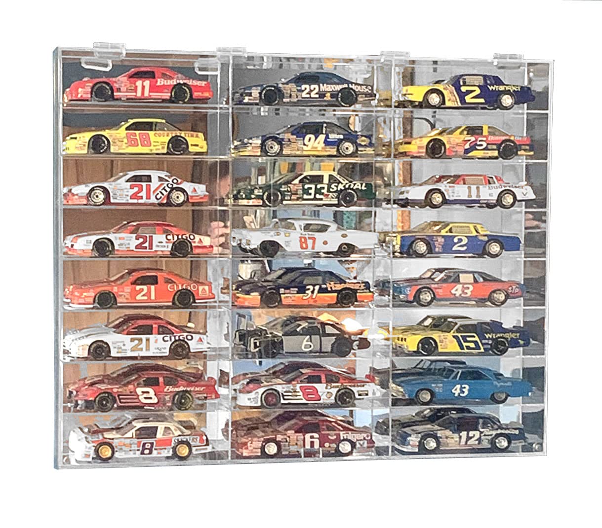 Hot Clear Acrylic Display Case for 1:24 scale Diecast Toy Model Race Cars Wheels Storage Shelves Showcase, 24 Compartments, Wall Mounted
