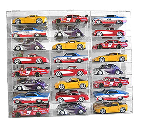 Hot Clear Acrylic Display Case for 1:24 scale Diecast Toy Model Race Cars Wheels Storage Shelves Showcase, 24 Compartments, Wall Mounted