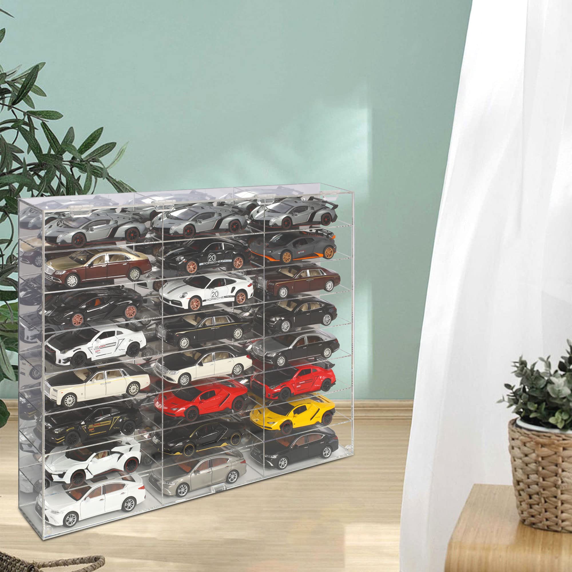 Hot Clear Acrylic Display Case for 1:24 scale Diecast Toy Model Race Cars Wheels Storage Shelves Showcase, 24 Compartments, Wall Mounted