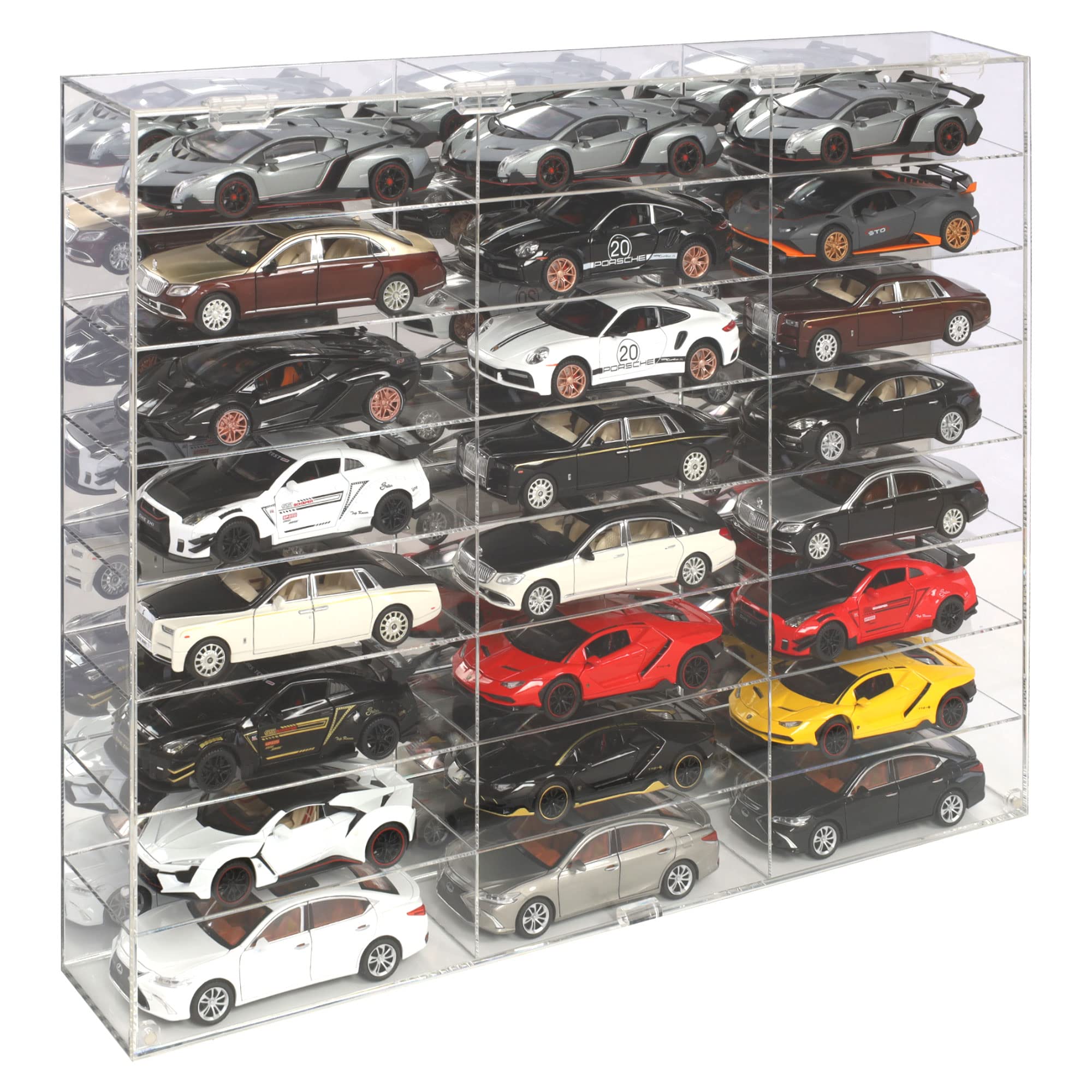 Hot Clear Acrylic Display Case for 1:24 scale Diecast Toy Model Race Cars Wheels Storage Shelves Showcase, 24 Compartments, Wall Mounted