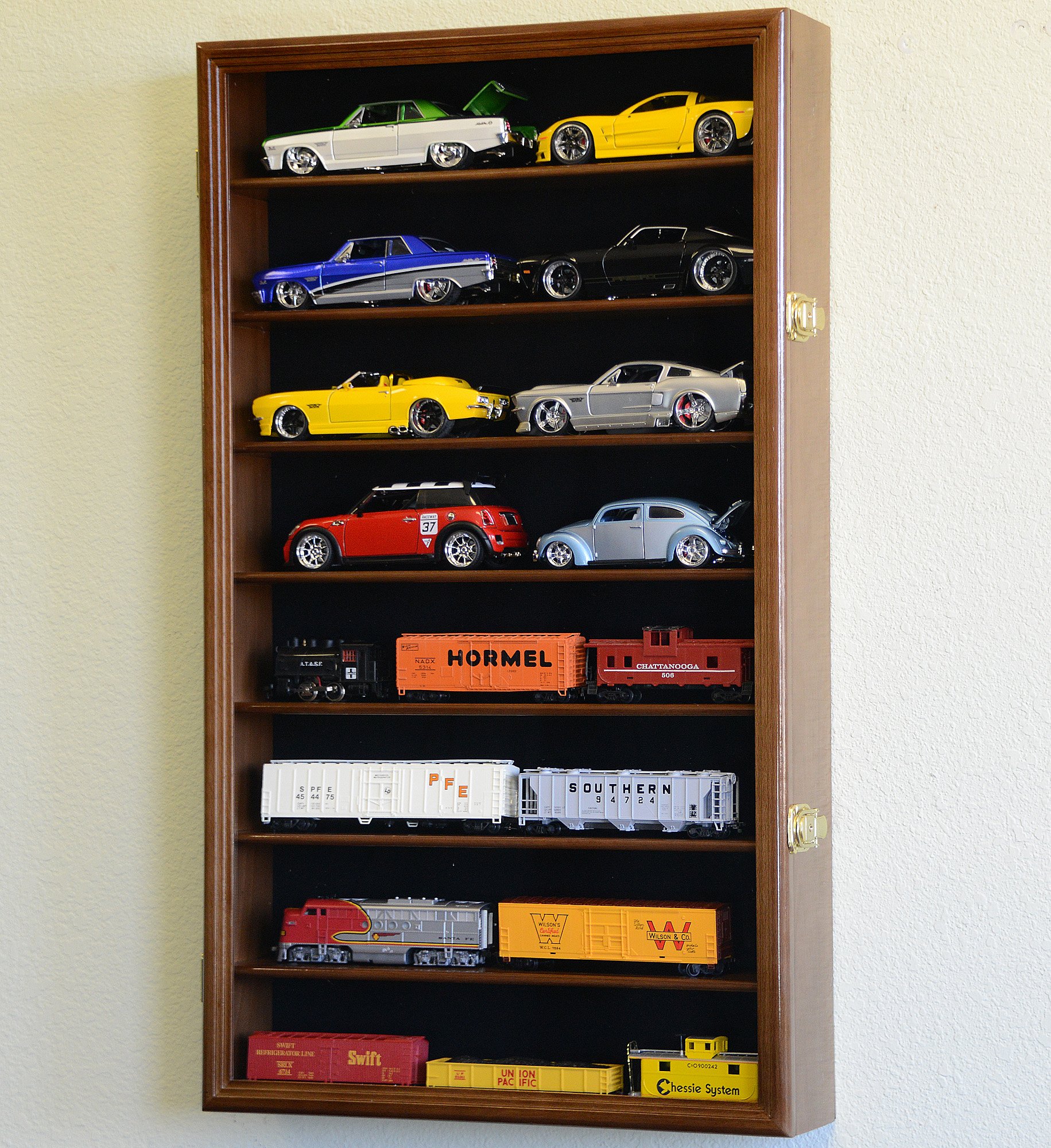 Large 1/24 Scale Diecast Model 16 Cars Display Case Cabinet Holder Holds 16 Cars 1:24 (Walnut Finish)