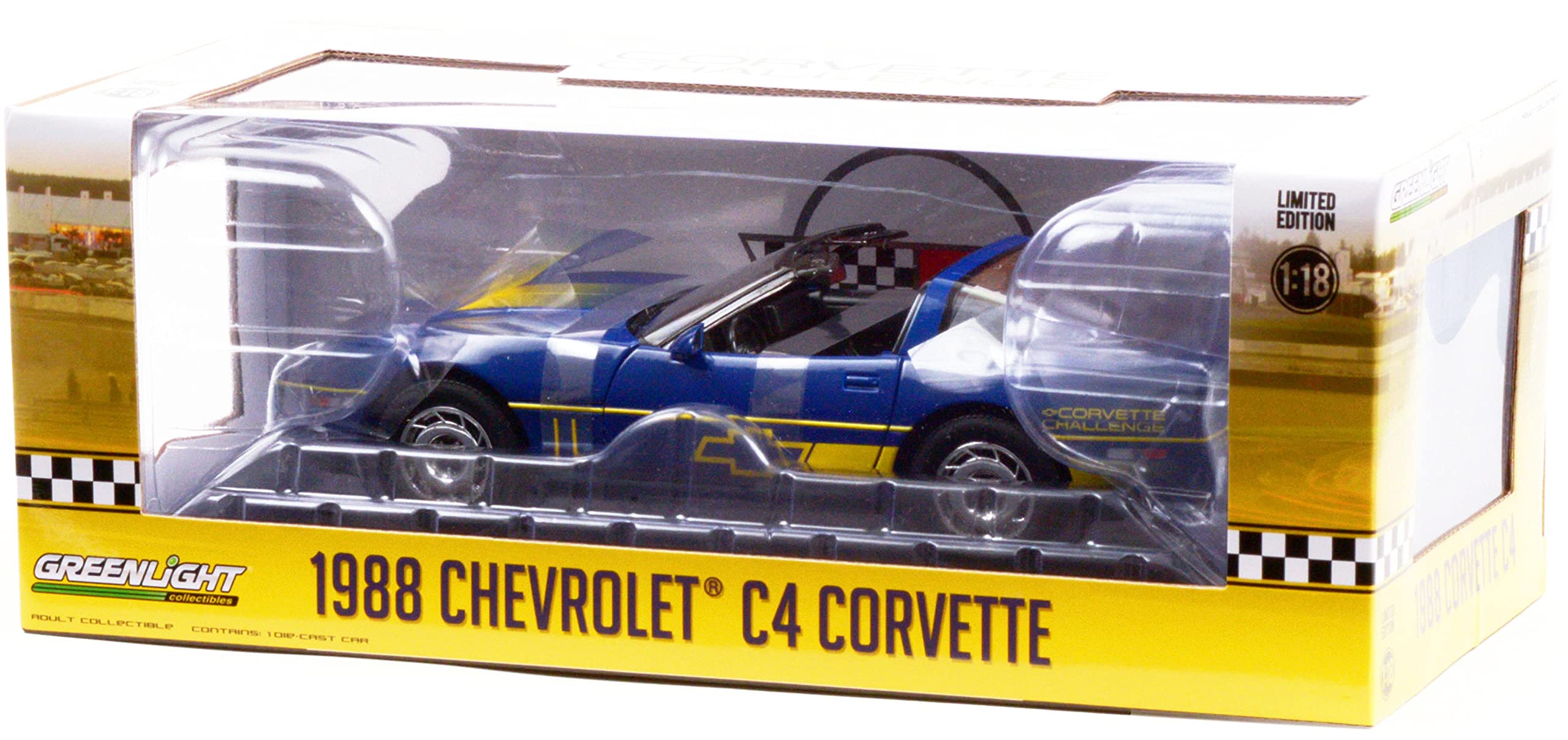 Greenlight Collectible 1988 Chevy Corvette C4 Dark Blue with Yellow Stripes Corvette Challenge Race Car 1/18 Diecast Model Car by Greenlight 13597