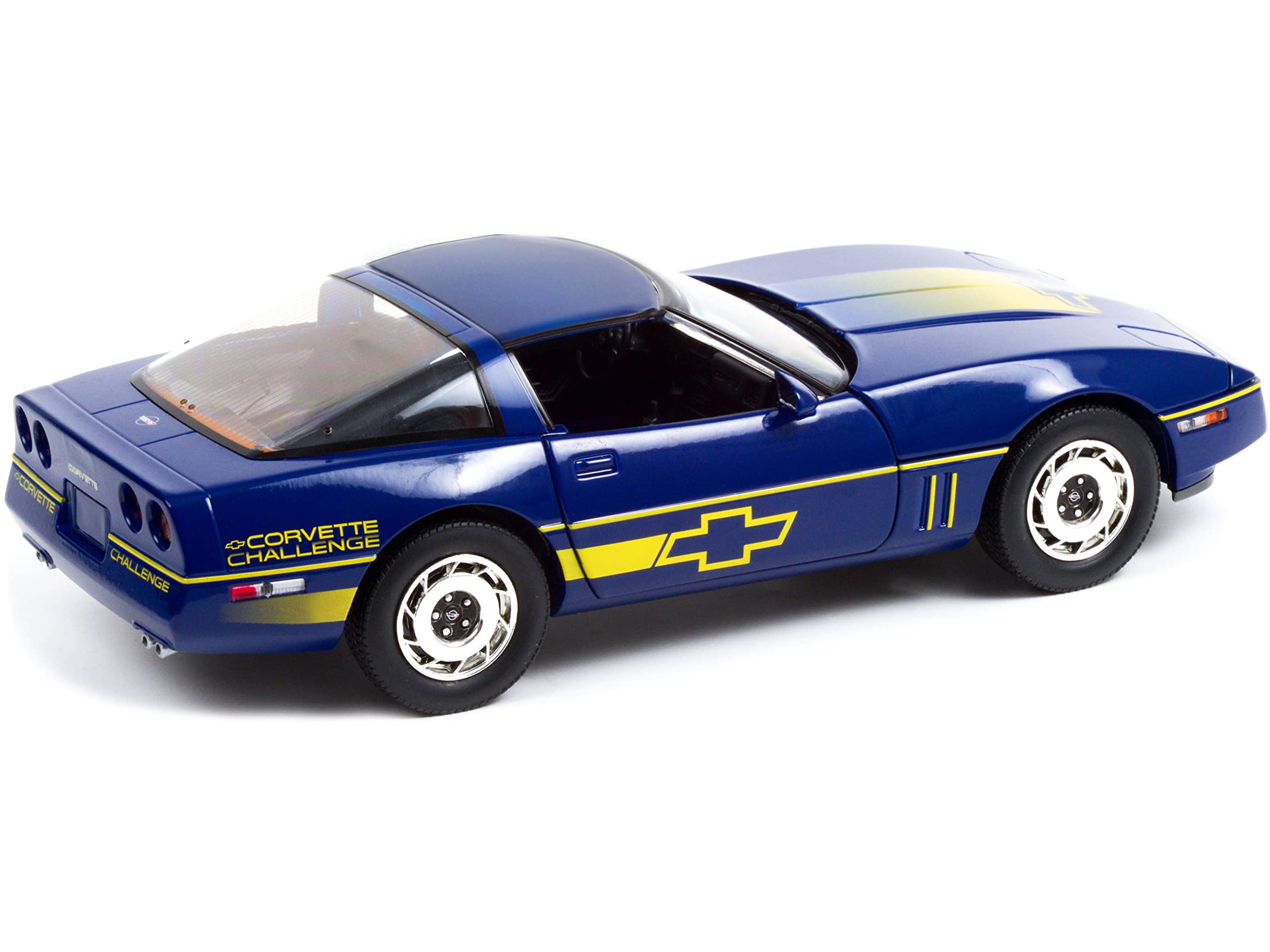 Greenlight Collectible 1988 Chevy Corvette C4 Dark Blue with Yellow Stripes Corvette Challenge Race Car 1/18 Diecast Model Car by Greenlight 13597