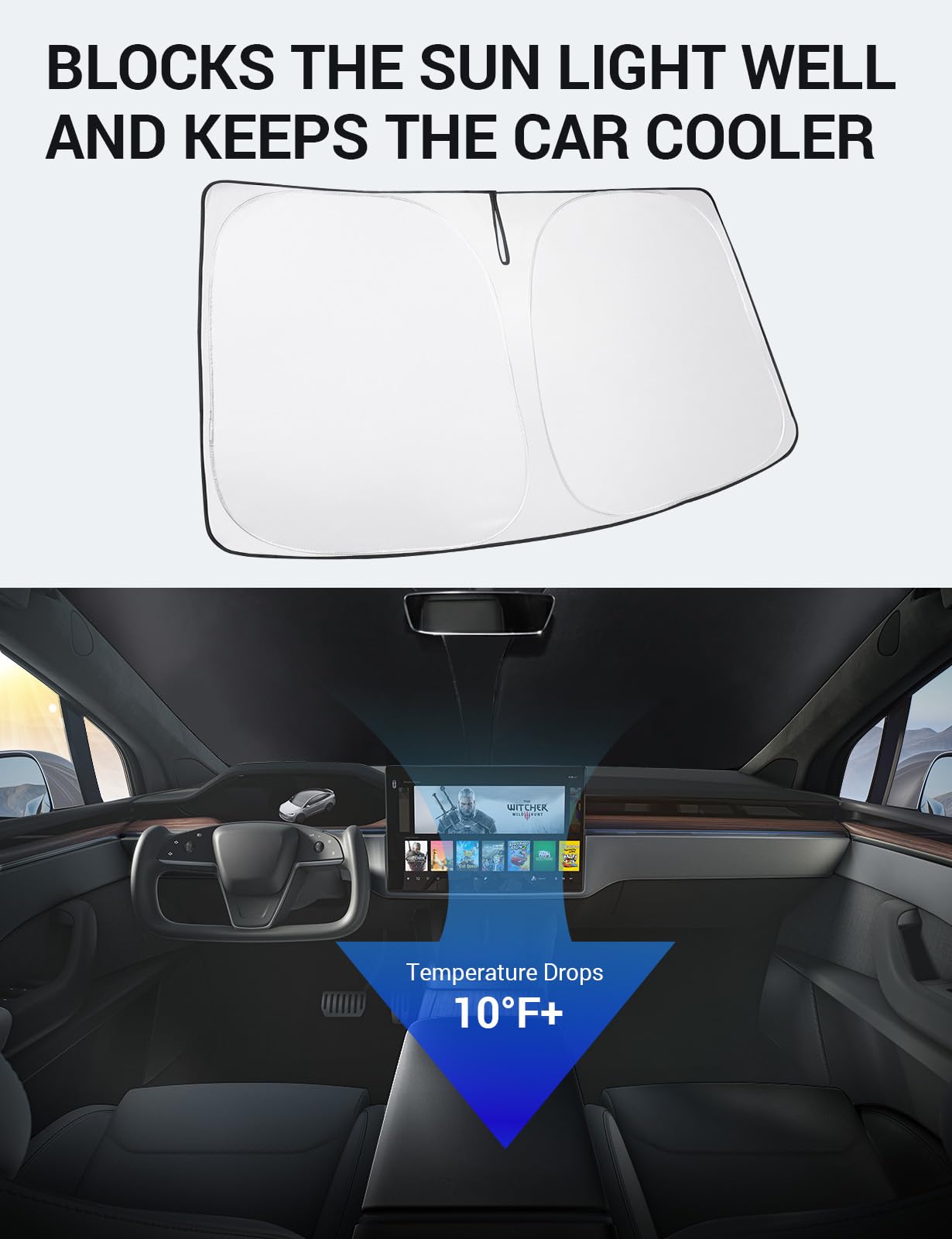 BASENOR Tesla Model X Windshield Sunshade Folding Sun Visor Protector Sun Shade Cover with a Storage Bag Fit Model X 2021-2024