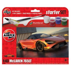 Airfix Starter Set Model Kit Car - A55006 McLaren 765LT - 1:43 Scale Plastic Model Car Kits, Model Cars to Build and Paint for Adults & Kids 14+, Includes Paints - Mens Hobbies Kits, Skill Lvl. 1