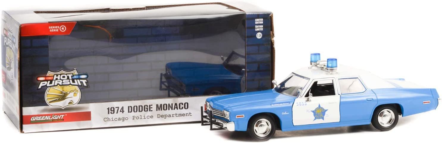 Greenlight 1974 Dodge Monaco Blue and White CPD Chicago Police Department (Illinois) Hot Pursuit Series 1/24 Diecast Model Car