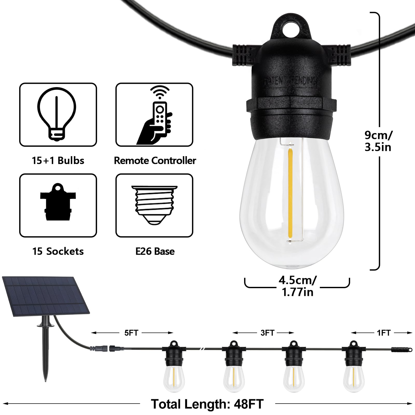 BesLowe 48FT S14 Solar String Lights Outdoor with Remote Controller, Solar Powered Patio Lights Waterproof with LED Edison Bulbs, Dimmable Hanging Lights for Outside Backyard Porch, USB Rechargeable