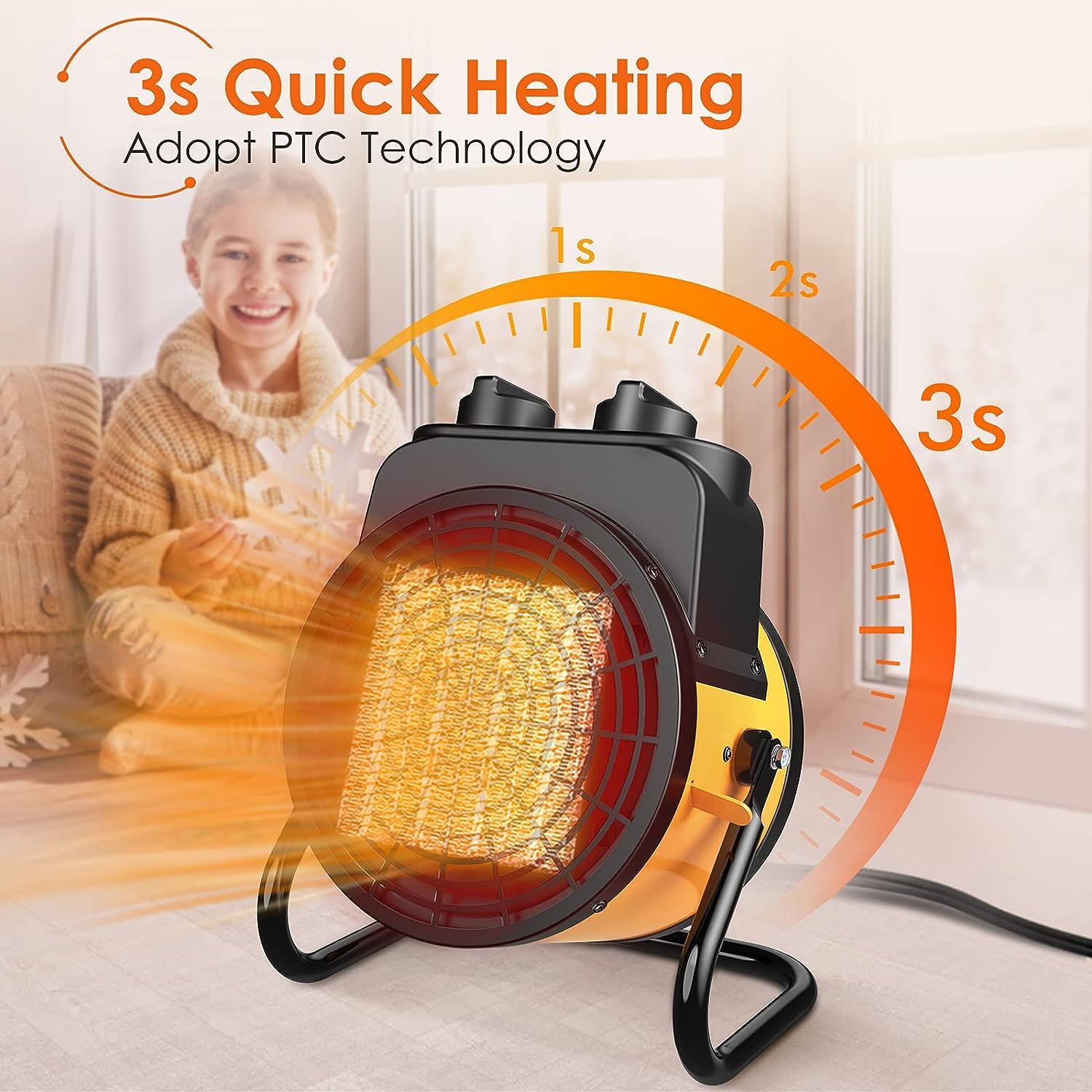 Outdoor Space Heater, 1500W Portable Heater with 80Inch Long Lord, 3S Quick Heat, 3 Modes, Thermostat with Overheat Protection, Patio Heater for Garage, Tent, Greenhouse and Indoor Use