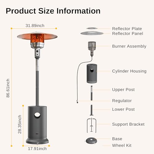 EAST OAK 48,000 BTU Patio Heater for Outdoor Use With Round Table Design, Double-Layer Stainless Steel Burner and Wheels, Outdoor Patio Heater for Home and Commercial, Gray, 31.9 x 31.9 x 86.6 inches