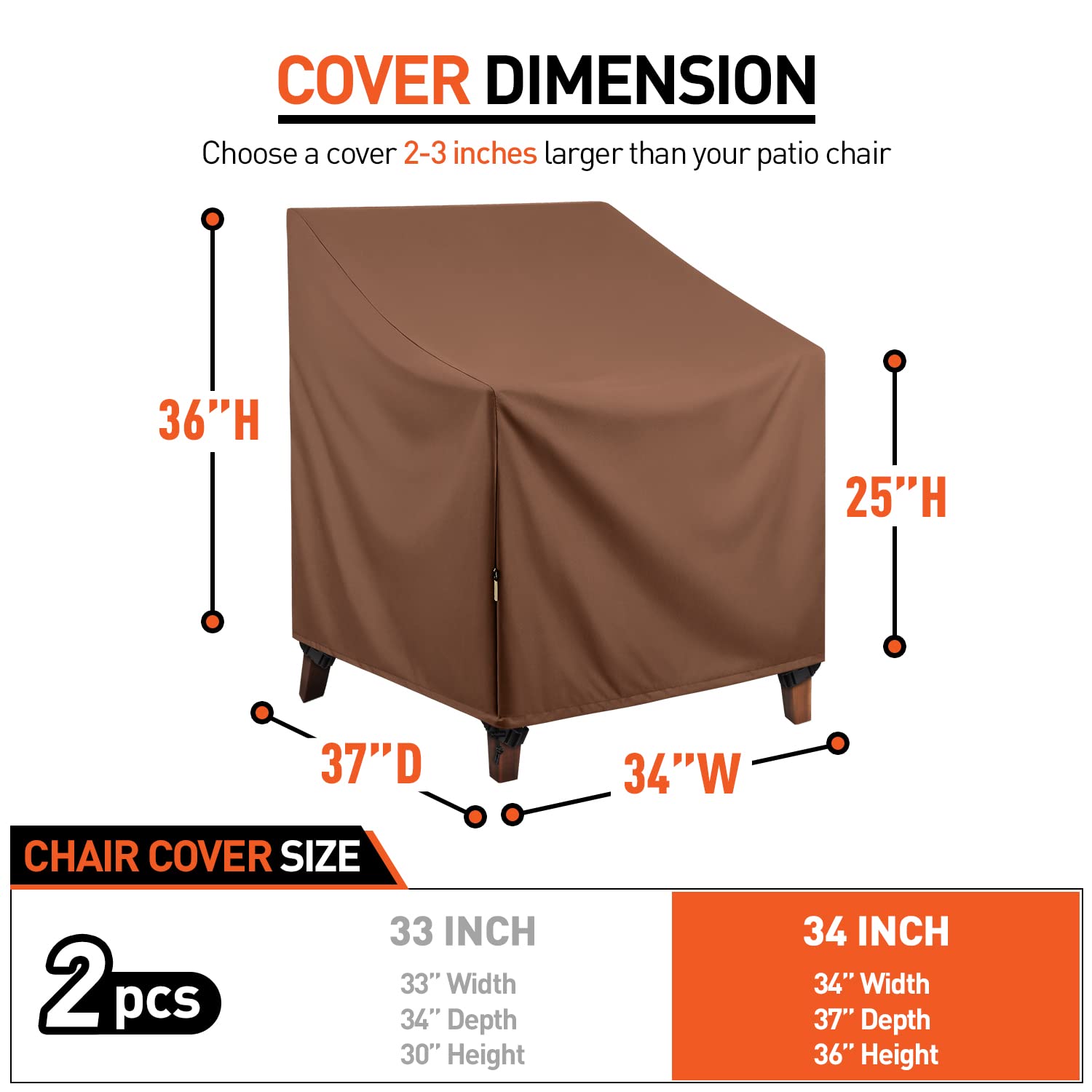 Arcedo Waterproof Patio Chair Covers, Heavy Duty Outdoor Lounge Chair Covers, Patio Furniture Covers for Lawn Garden Swivel Rocking Chairs, All Weather Protection, 34"W x 37"D x 36"H, 2 Pack, Brown