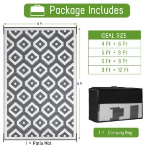 Easy-Going Reversible Outdoor Rugs 6x9ft Waterproof Plastic Straw Rug Stain & UV Resistant Floor Mat for Patio Porch RV Backyard Pool Deck Picnic Beach Trailer Camping (Diamond/Gray & White)