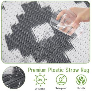 Easy-Going Reversible Outdoor Rugs 6x9ft Waterproof Plastic Straw Rug Stain & UV Resistant Floor Mat for Patio Porch RV Backyard Pool Deck Picnic Beach Trailer Camping (Diamond/Gray & White)