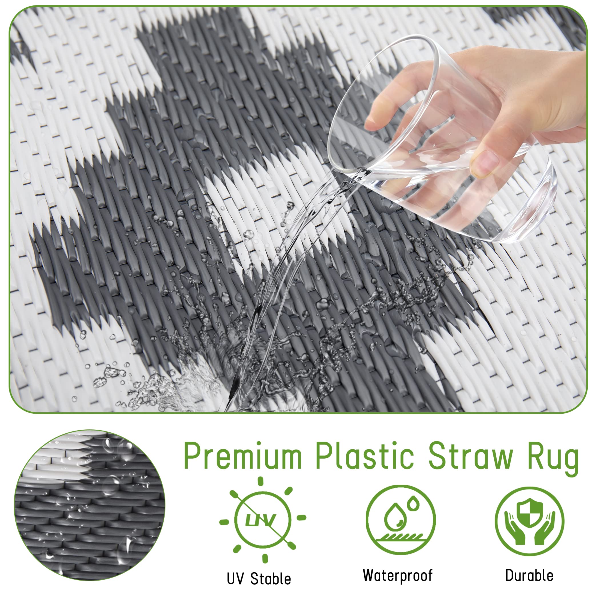 Easy-Going Reversible Outdoor Rugs 6x9ft Waterproof Plastic Straw Rug Stain & UV Resistant Floor Mat for Patio Porch RV Backyard Pool Deck Picnic Beach Trailer Camping (Diamond/Gray & White)