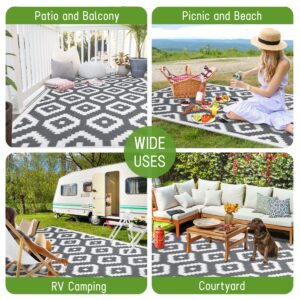 Easy-Going Reversible Outdoor Rugs 6x9ft Waterproof Plastic Straw Rug Stain & UV Resistant Floor Mat for Patio Porch RV Backyard Pool Deck Picnic Beach Trailer Camping (Diamond/Gray & White)