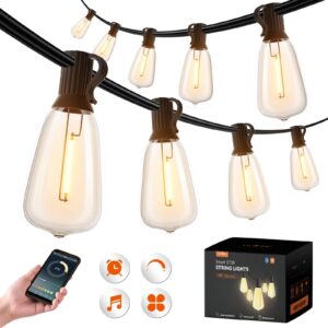 addlon 48ft smart outdoor string lights, dimmable patio lights with 15 waterproof led edison bulbs, string lights for outside work with app control, music sync outdoor lights for bistro backyard party