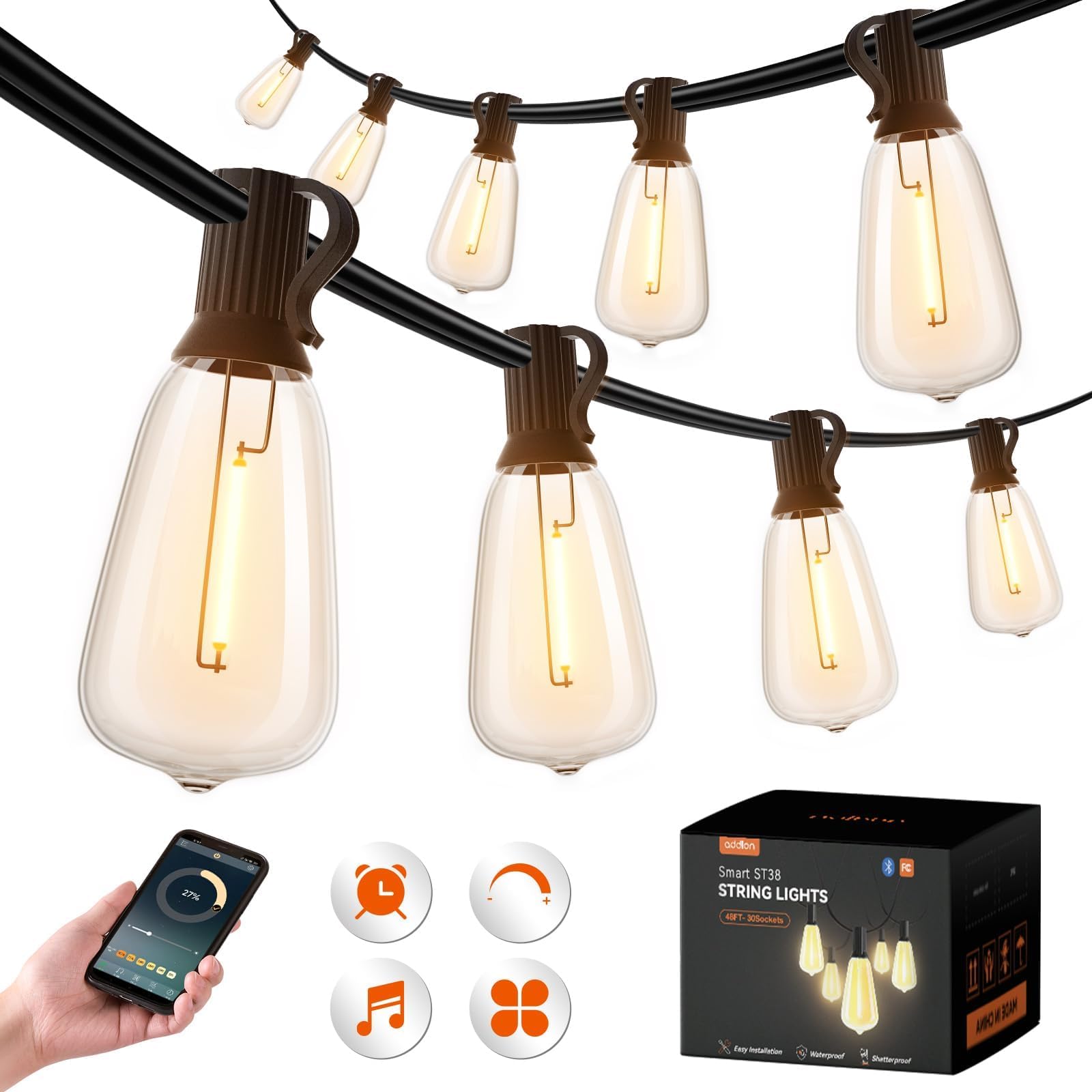 addlon 48FT Smart Outdoor String Lights, Dimmable Patio Lights with 15 Waterproof LED Edison Bulbs, String Lights for Outside Work with APP Control, Music Sync Outdoor Lights for Bistro Backyard Party