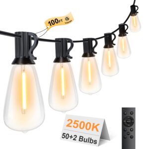 lapitio 100ft led outdoor string lights for outside remote 52 edison vintage bulbs st38 dimmable patio lights waterproof shatterproof timer for garden deck backyard yard house hanging lighting 2500k