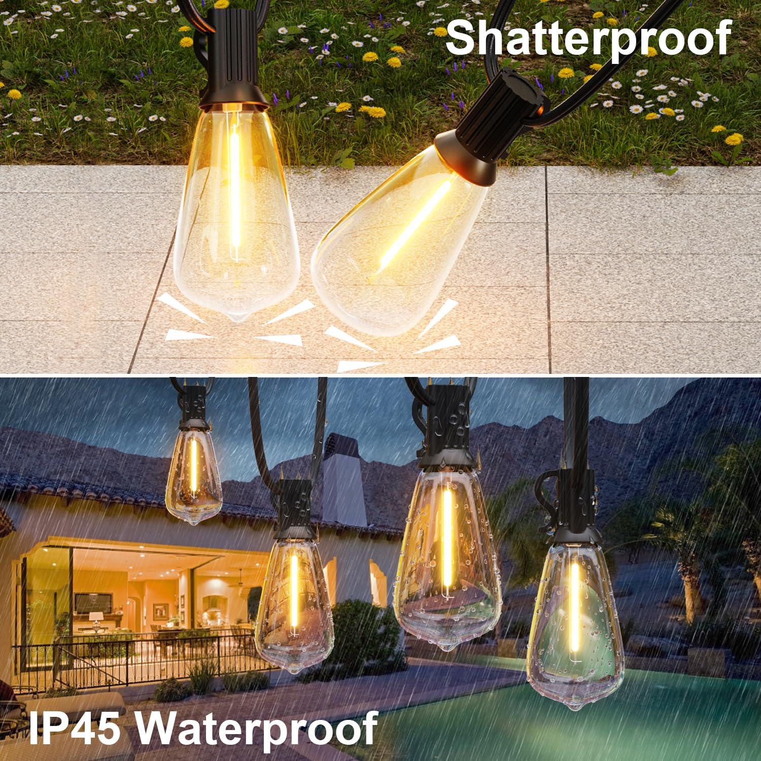 LaPitio 100FT LED Outdoor String Lights for Outside Remote 52 Edison Vintage Bulbs ST38 Dimmable Patio Lights Waterproof Shatterproof Timer for Garden Deck Backyard Yard House Hanging Lighting 2500K
