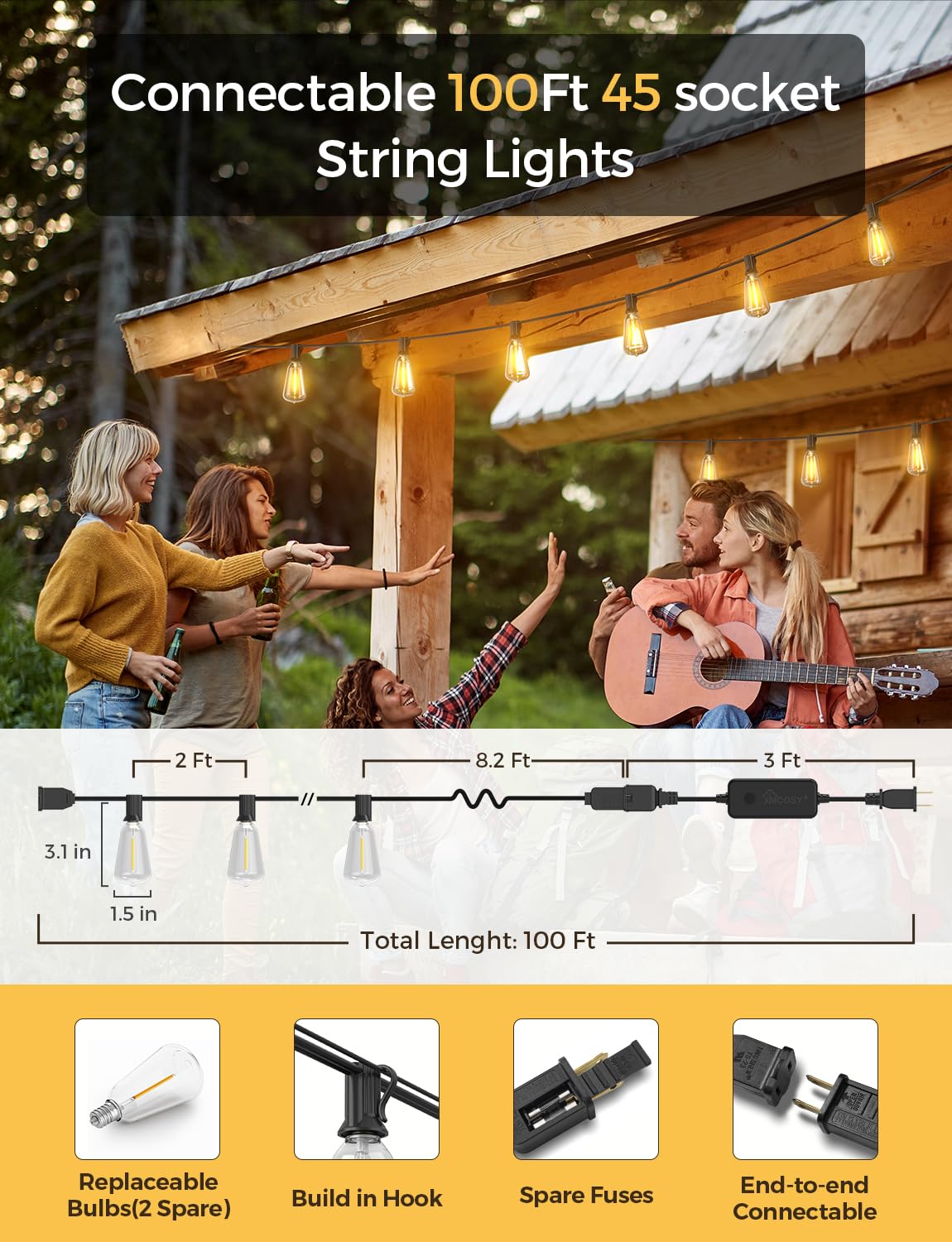 XMCOSY+ Patio Lights 100Ft Smart Outdoor String Lights, 45 ST38 Edison Bulbs, APP WiFi Control, Work with Alexa, Waterproof Dimmable LED String Lights for Outside Patio Porch Yard Bistro, 2200K