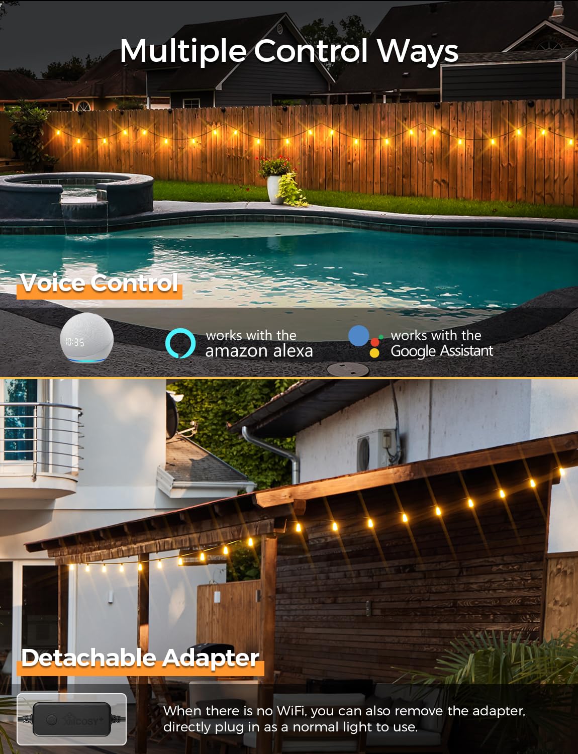 XMCOSY+ Patio Lights 100Ft Smart Outdoor String Lights, 45 ST38 Edison Bulbs, APP WiFi Control, Work with Alexa, Waterproof Dimmable LED String Lights for Outside Patio Porch Yard Bistro, 2200K