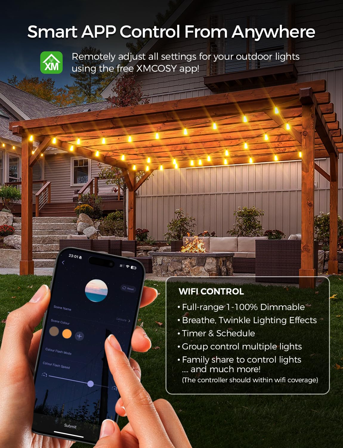 XMCOSY+ Patio Lights 100Ft Smart Outdoor String Lights, 45 ST38 Edison Bulbs, APP WiFi Control, Work with Alexa, Waterproof Dimmable LED String Lights for Outside Patio Porch Yard Bistro, 2200K