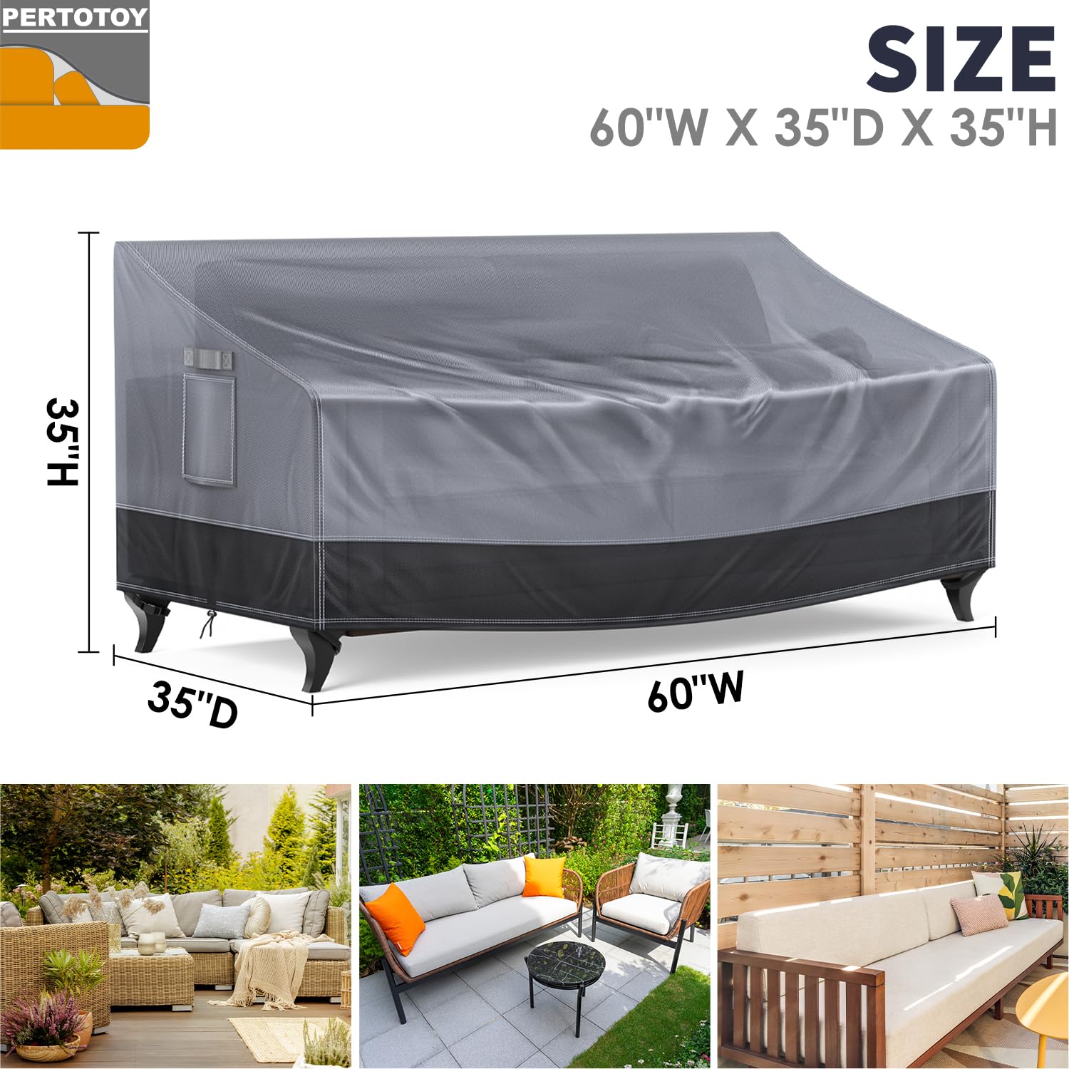 Pertotoy Outdoor Couch Cover Waterproof Patio Furniture Covers, 2-Seater Patio Sofa Cover Heavy Duty 600D Durable UV Anti-Fading, 60" Wx 35" Dx 35" H, Gray/Dark Gray