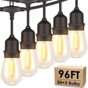 mlambert 96ft led outdoor string lights, dimmable waterproof patio lights with 30+3 shatterproof edison vintage bulb for outside backyard porch garden