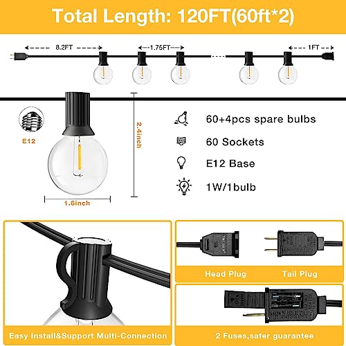 GLUROO 120FT LED String Lights, G40 Bulbs, Waterproof Dimmable Globe Hanging Cafe, Bistro Lights for Outside, 2Packs * 60ft