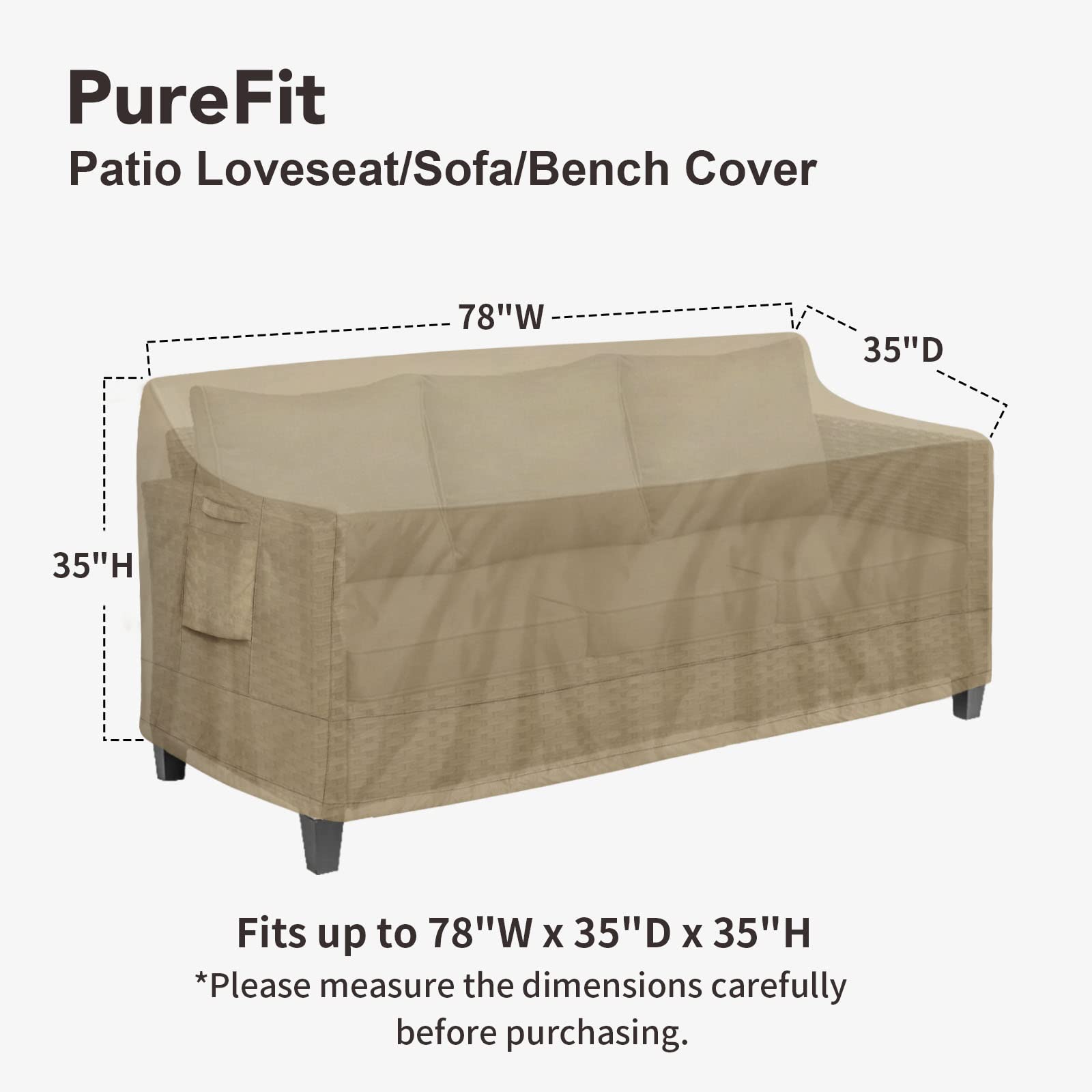 PureFit Outdoor Couch Cover Waterproof Patio Sofa Furniture Covers, 3-Seater Outdoor Cover with Air Vent and Handles, 78W x 35D x 35H Inches, Camel