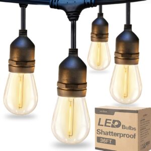 addlon led outdoor string lights 36ft with dimmable edison vintage shatterproof bulbs and commercial grade weatherproof strand - etl listed heavy-duty decorative lights for patio garden